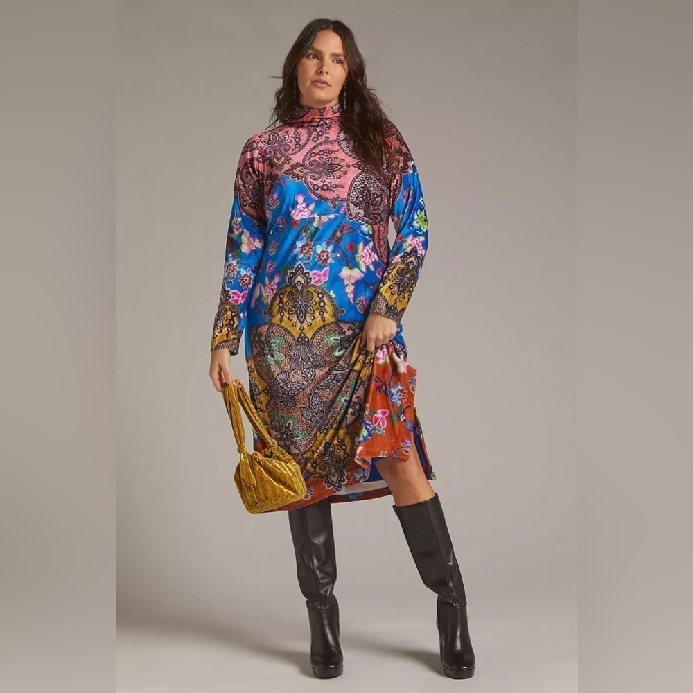 Anthropologie Colorful Velvet Long Sleeve Dress sz L